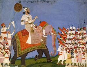 INDIA - Nawab Nizam-ul-Mulk Bahadur on an elephant, escorted by retainers. Painting. Deccan, India, c.1765.
