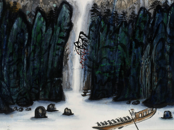 Fang-Zhaoling-1914-2006-Flowering-branches-on-cliffs-1978-Ink-and-colour-on-paper-68-dot-6-x-88
