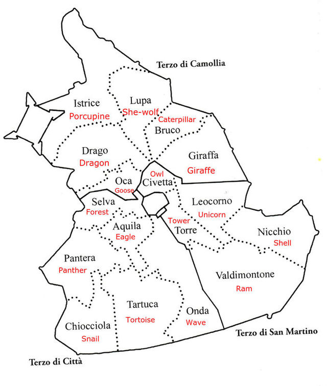 Map Of Siena Showing The Three Terzi And The Seventeen Contrade 1 