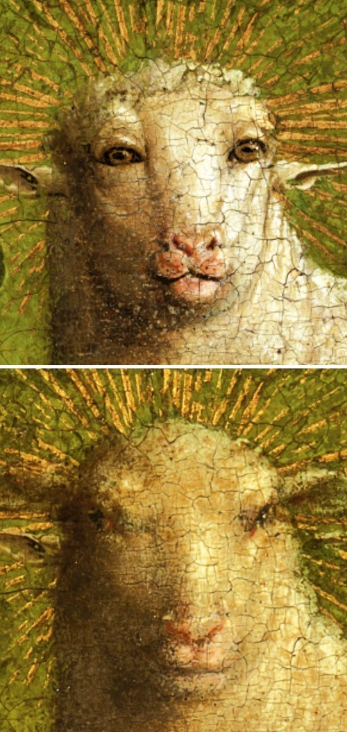 The restored Mystic Lamb of the 600-year-old Ghent Altarpiece.