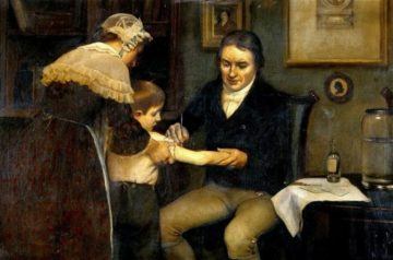 Dr. Jenner vaccinating 8-year old James Phipps in 1796.
