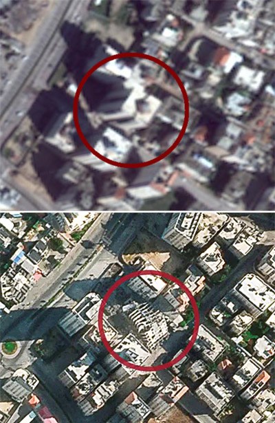 Hanadi Tower in Gaza; top image on Google Maps, bottom image from Planet Labs.