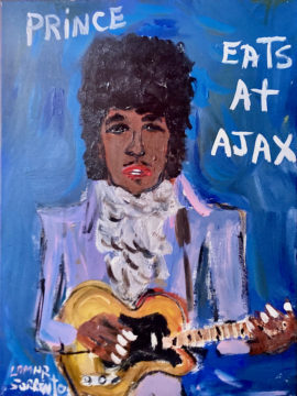 Painting of Prince holding a guitar with caption "PRINCE EATS AT AJAX"