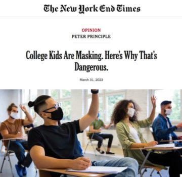 A satirical post from "The New York End Times": College kids are masking. Here's why that's dangerous. And an image of a classroom with everyone in a variety of Covid-masks.