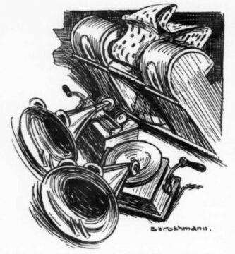 A caricature of a player piano pursuing two old time Victrola-type phonographs, all with eyes and mouths, as if monsters. The caption reads "Does it go about to seek whom it may devour?"