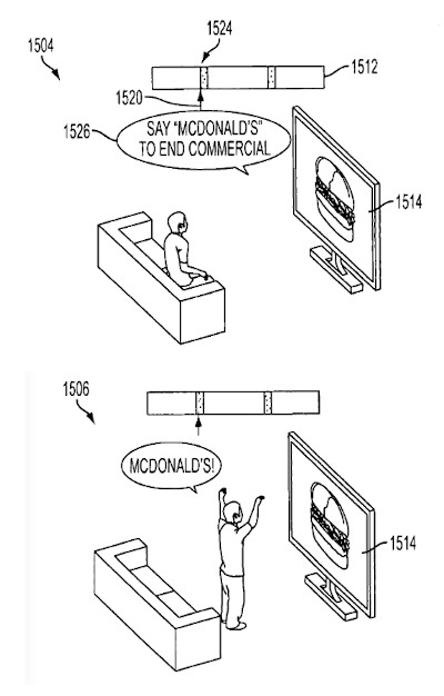 Two black-and-white line drawings, arranged vertically. The top one shows a person sitting on a couch watching a flat-screen TV that is displaying an image of a hamburger. A dialogue bubble from the TV reads "SAY 'MCDONALD'S' TO END COMMERCIAL." The bottom drawing shows the person standing in from of the TV, arms raised, with a dialogue bubble reading, "MCDONALD'S!"