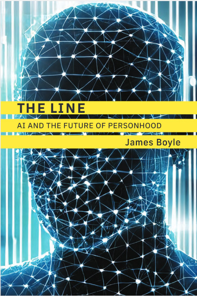 The cover of The Line: AI and the Future of Personhood by James Boyle shows a human head-shaped form in deep blue with a lattice of white lines connecting white dots, like a net or a network. A turquoise background with vertical white lines glows behind the featureless head. In the middle of the image, the title and the author's name are listed in horizontal yellow bars. The typeface is sans serif, with the title spelled in all capital letters.