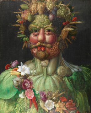 A sixteenth century painting by Guiseppe Arcimboldo depicting a human form from the chest up that is composed entirely of carefully arranged vegetables, fruits, and flowers.