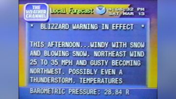 image depicting a screen from The Weather Channel, indicating a Blizzard Warning in Effect, describing afternoon conditions that will be "...windy with snow and blowing snow. Northeast wind 25 to 25 MPH and gusty, becoming northwest. Possibly even a thunderstorm."