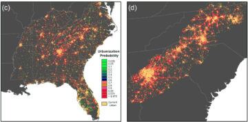 Two side-by-side maps of the Southeast US, with the landmass drak brown colored and surrounding Atlantic Ocean and Gulf of Mexico white. On the dark brown landmass colored pixels shine, as though they were shining lights of urban centers, visible from space. Large urban areas are bright blobby shapes, with tendrils of light coming out of them. Some of the blobs of urban centers are joined by these tendril.