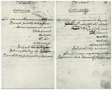 Two pages from a manuscript by poet George Herbert. The handwriting is frilly by modern standards and some lines of the poetry have been revised by Herbert. The two pages stand side-by-side, with each one showing a stanza of the poem. The lines of each stanza make us the shape of wings in flight. The poem is available at https://www.poetryfoundation.org/poems/44361/easter-wings