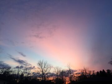 Twilight sky with a wash of diffuse pink clouds.