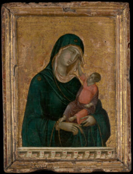 A rectangular frame surround a blue draped woman (Mary) holding a small child. He hold out his arm to her face as she gazes at him. The figures are in front of a gold background. The frame has burn marks on the bottom where votive candles once burned.