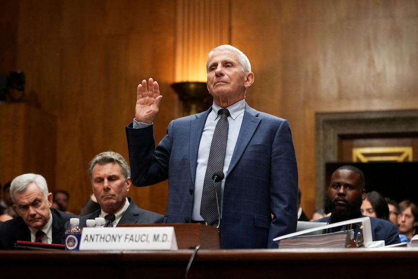Anthony Fauci, in a blue-grey suit, stands in court, raising his right hand at a hearing.