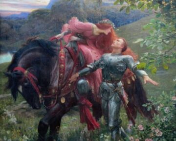 A knight helps a woman in a pink dress dismount a horse, in Frank Dicksee’s La Belle Dame sans Merci.
