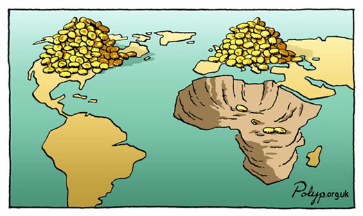 Polyp cartoon illustrating uneven global wealth and resource extraction