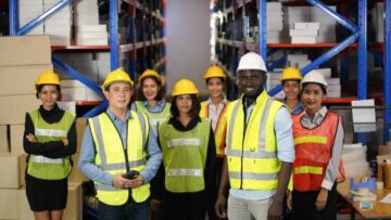 A team in a warehouse
